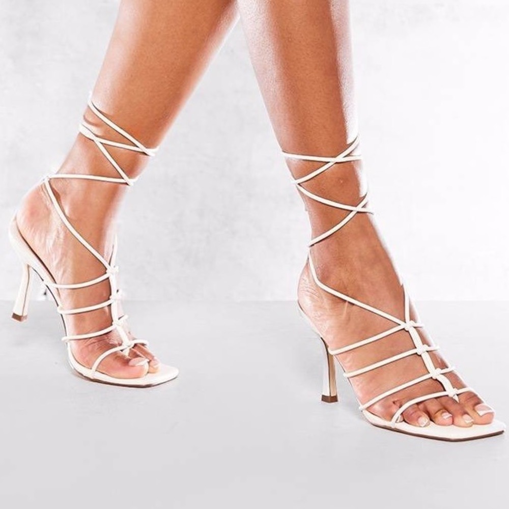PLT PrettyLittleThing Cream Knotted Lace Up Barely There High Heel Sandals SZ 8